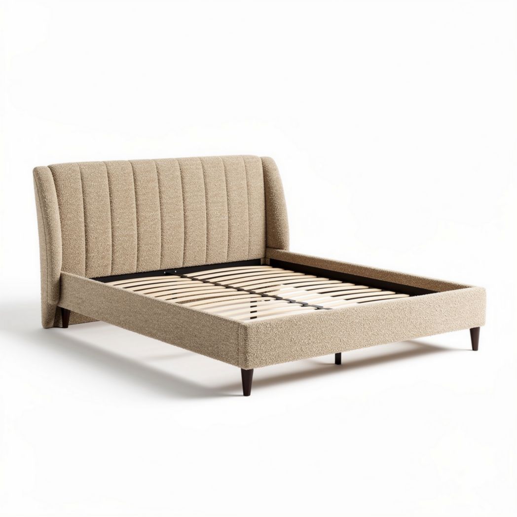 Fabric upholstered platform bed frame with wooden slats - 200 x 160 x 30cm