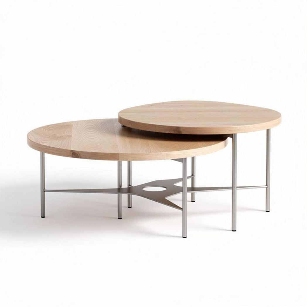 Nested round coffee tables with oak wood tops and metal legs - 80 x 80 x 40cm